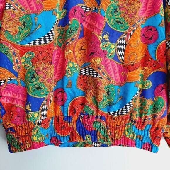 Vintage Silky Satin Retro Colorful Abstract Art Bomber Jacket Sz M - Picture 9 of 12